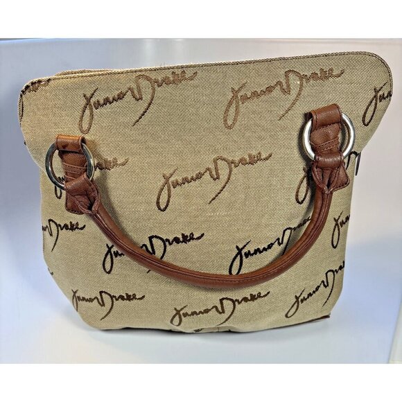 JUNIOR DRAKE Beige Signature Canvas Carry On Tote Handbag With Brown Handle NWT - Picture 4 of 13